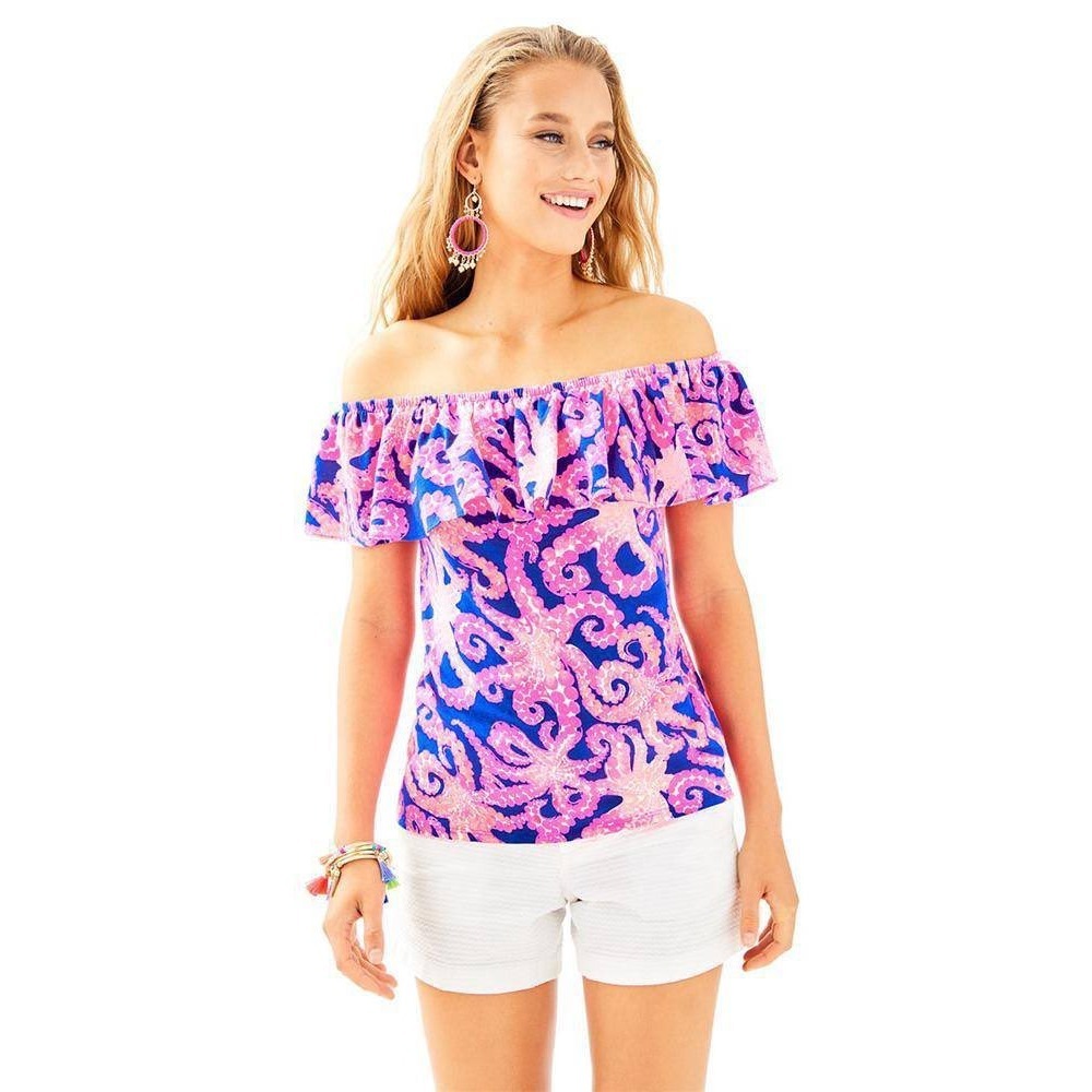 Lilly Pulitzer La Fortuna Ikat Blue Mocean Octopus Ruffle Top Blue Pink Large